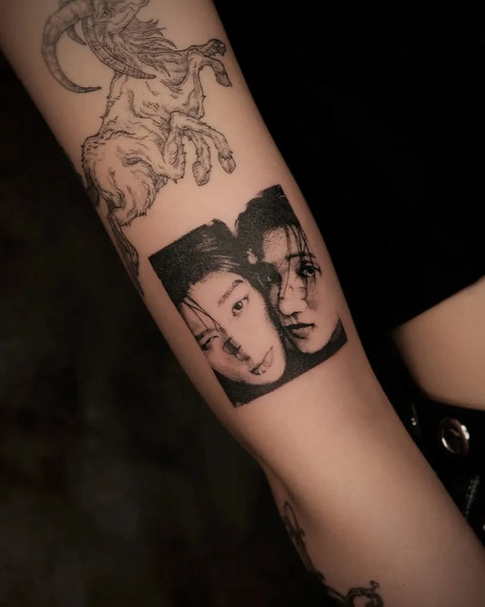 Small Micro Realism Two Faces and Mythical Beast on Women Arm Tattoo by @viutatts
