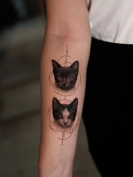 Small Micro Realism Two Kittens in Geometric Circles on Women Arm Tattoo by @kar.laguard