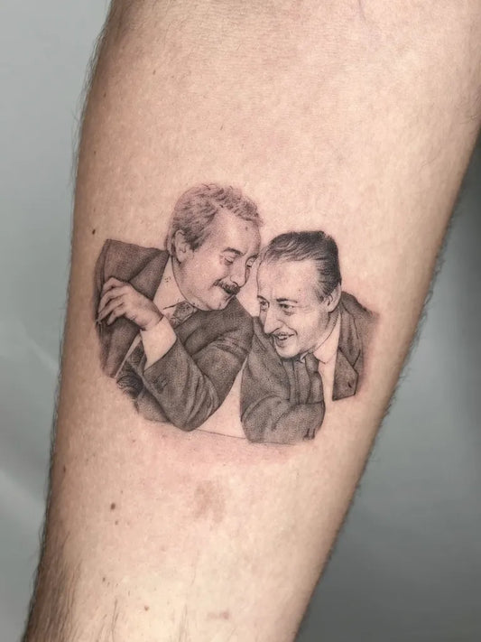 Small Micro Realism Two Men Laughing on Men Arm Tattoo by @leti.ruggeri