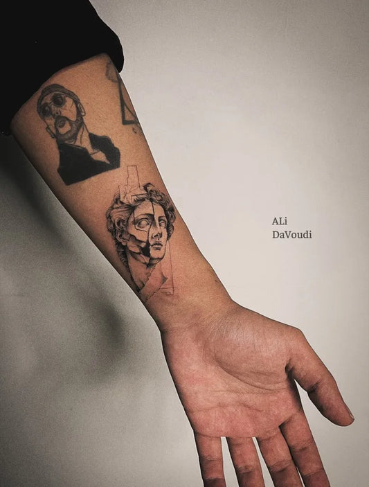 Small Micro Realism Two Portraits on Men Arm Tattoo by @ali.davoudi_tattoo