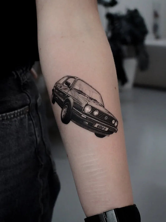 Small Micro Realism VW Golf Car on Women Forearm Tattoo by @jeff__mcd