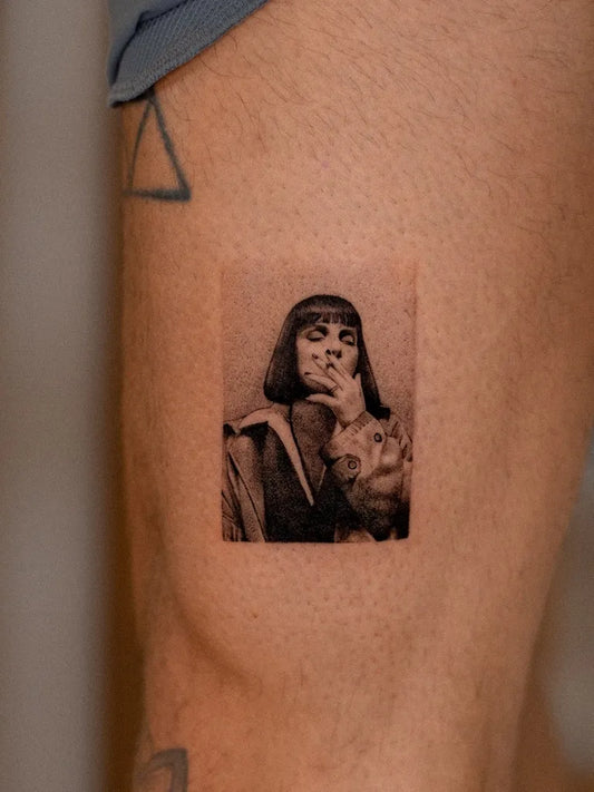 Small Micro Realism Woman Smoking with Cat Portrait on Men Thigh Tattoo by @thimo.derks