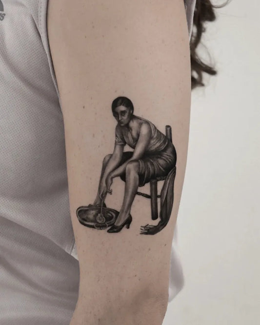 Small Micro Realism Woman Washing Feet on Women Arm Tattoo by @aliceb_tattoo
