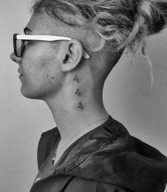 Small Minimalist 444 Angel Numbers on Women Neck Tattoo by @_vik.ink_