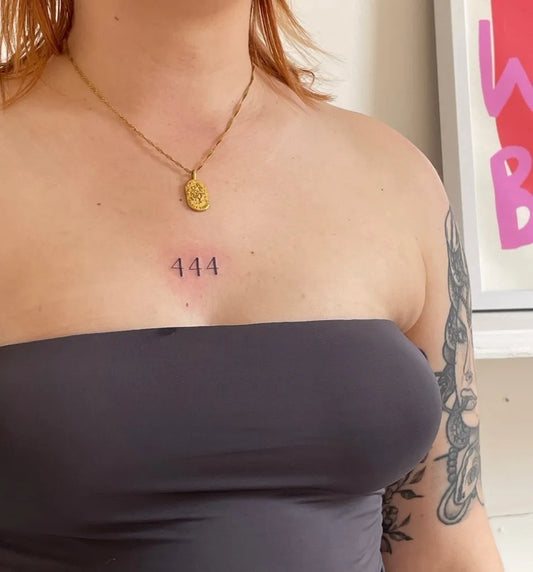 Small Minimalist 444 on Women Collarbone Tattoo by @myca__ink