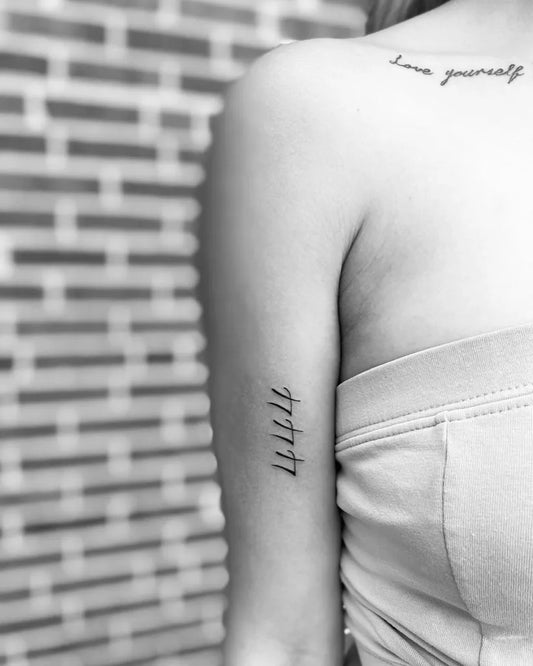 Small Minimalist 444 script on Women Shoulder Tattoo by @drea.anne.ink