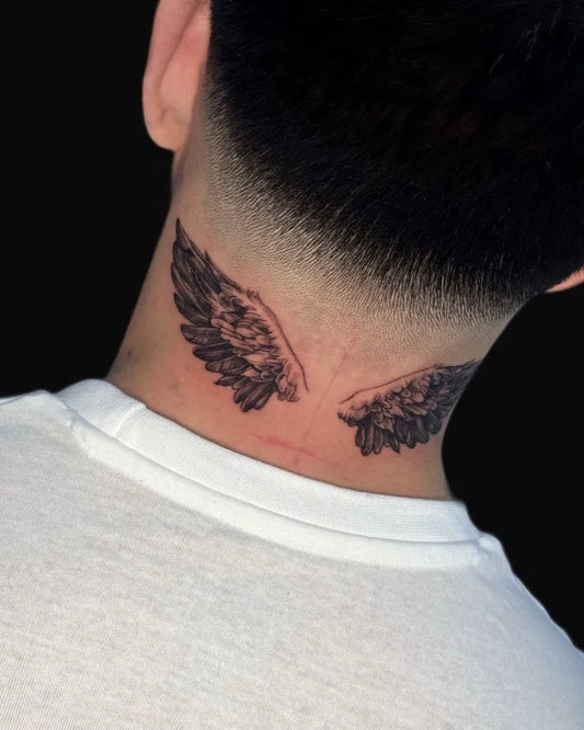Small Minimalist Angel Wings on Men Neck Tattoo by @luinytattoo