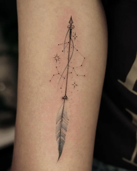 Small Minimalist Arrow Constellation Feather Tattoo on Women Arm by @inkconcept_studio