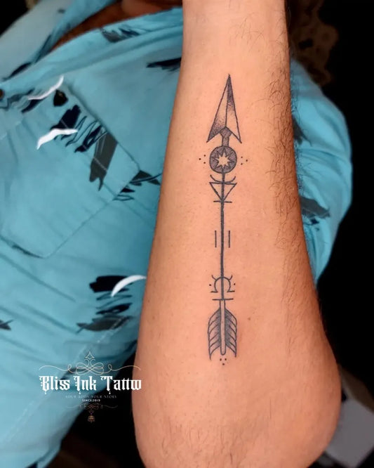 Small Minimalist Arrow and Circle Tattoo on Men Forearm by @bliss_ink_tattoo