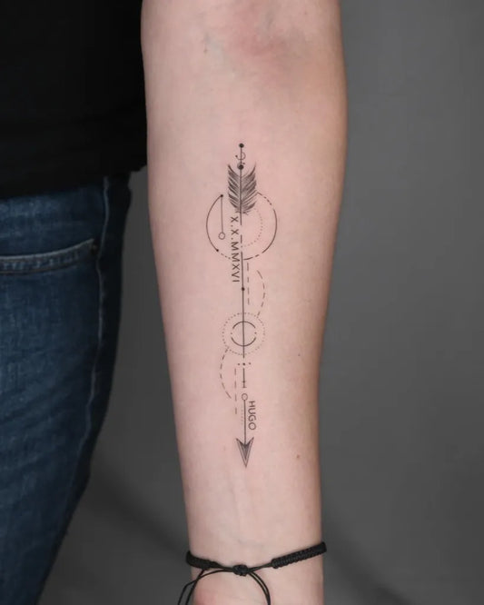 Small Minimalist Arrow and Geometric Tattoo on Women Arm by @zayfineline