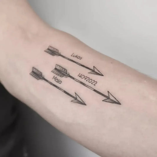Small Minimalist Arrows Dates Tattoo on Women Arm by @stilbruchtattoo