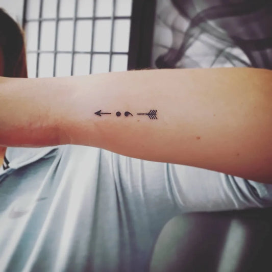 Small Minimalist Arrows Semicolon on Men Forearm Tattoo by @superqueentattoo