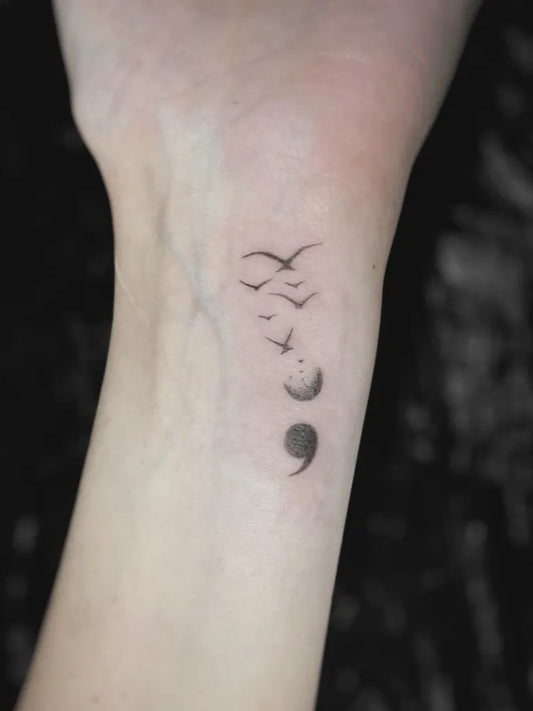 Small Minimalist Birds Semicolon Moon on Women Wrist Tattoo by @magdalena.does.tattoos