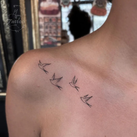 Small Minimalist Birds Tattoo on Women Shoulder by @mymy_tattoo