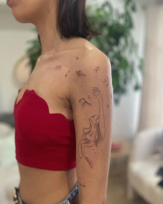 Small Minimalist Birds and Dancer on Women Shoulder Tattoo by @poemi.tattoo