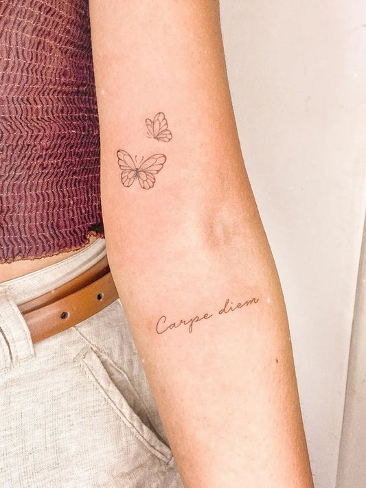 Small Minimalist Butterflies and Caro Diem on Women Arm Tattoo by @jessy_tattooer