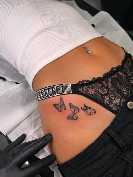 Small Minimalist Butterflies on Women Hip Tattoo by @alfredocitarella