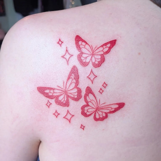 Small Minimalist Butterflies on Women Shoulder Tattoo by @rhithehuman