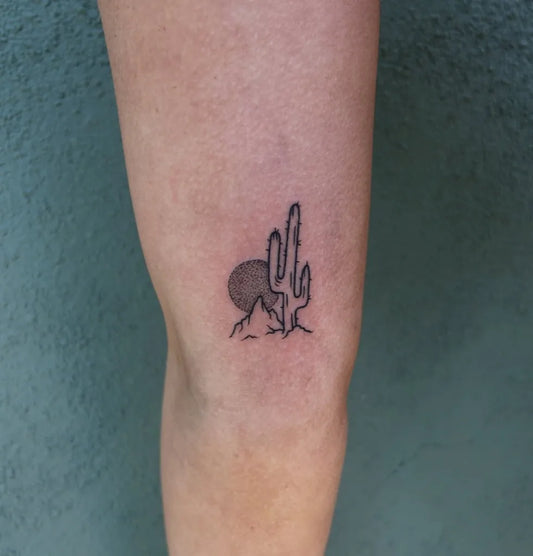 Small Minimalist Cactus Sun Mountain Tattoo on Women Leg by @arizona.artistry