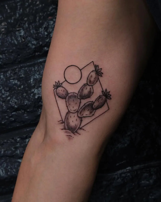 Small Minimalist Cactus and Sun Tattoo on Women Arm by @lathe.of.heaven