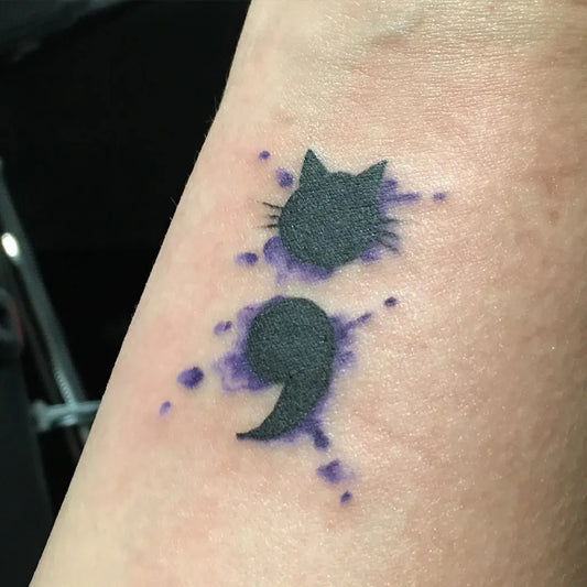 Small Minimalist Cat Semicolon on Women Arm Tattoo by @monadare53