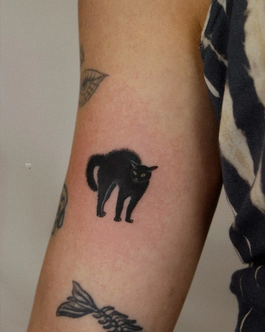 Small Minimalist Cat Tattoo on Women Arm by @modan_hwa