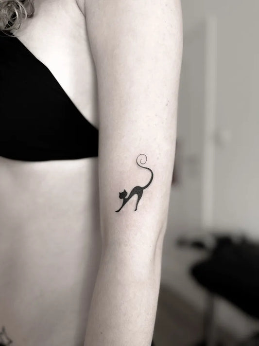 Small Minimalist Cat on Women Arm Tattoo by @scusa.for.tatt