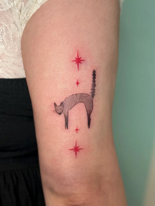Small Minimalist Cat with Stars Tattoo on Women Arm by @snimsytattoo