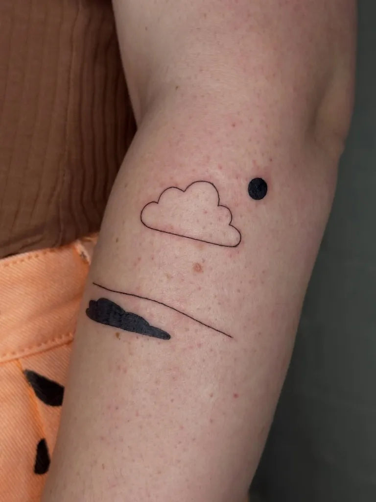 Small Minimalist Cloud Sun Horizon Tattoo on Women Arm by @everyday_lines_
