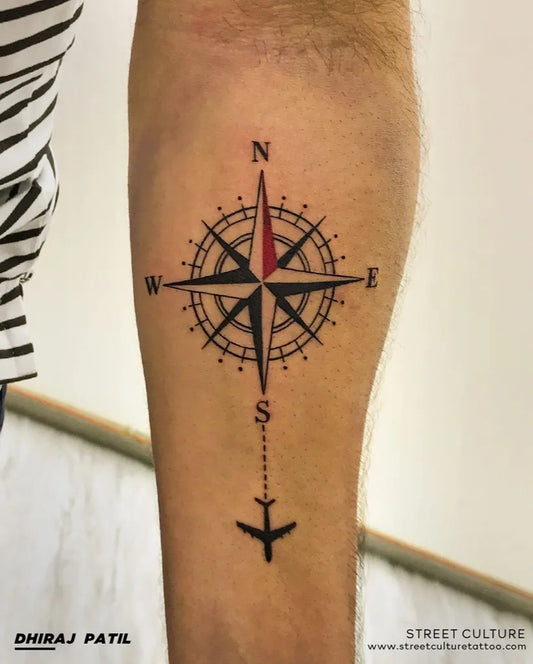 Small Minimalist Compass Airplane on Men Forearm Tattoo by @streetculturetattoo_official