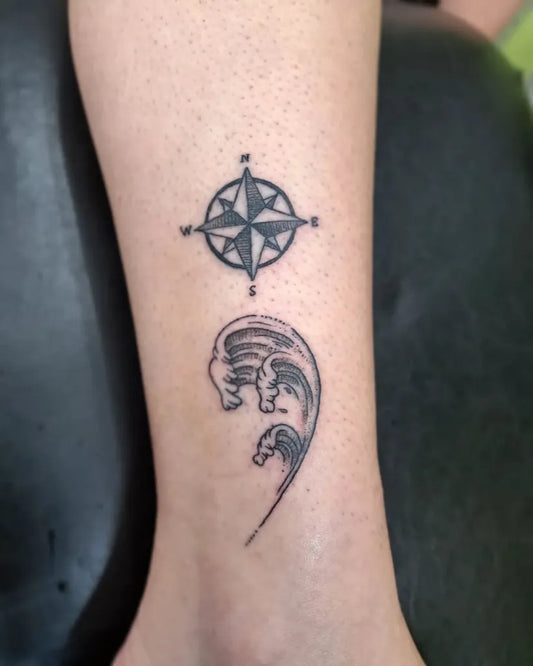 Small Minimalist Compass Semicolon Wave on Women Leg Tattoo by @jktat2