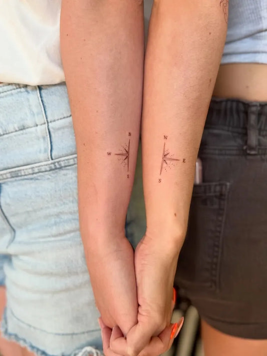 Small Minimalist Compass on Friends Arms Matching Tattoo by @oliviadawntattoos
