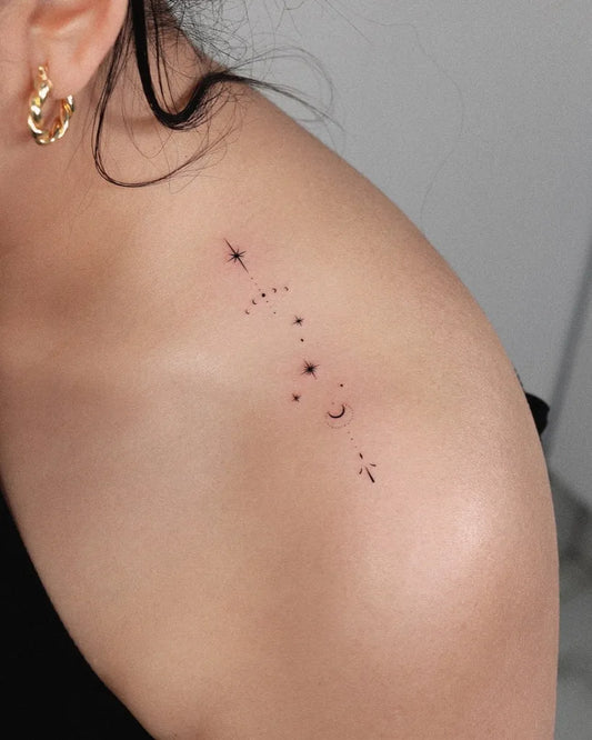 Small Minimalist Constellation Tattoo on Women Shoulder by @orma_tattoo