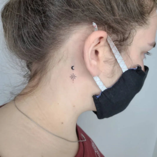 Small Minimalist Crescent Moon Star on Women Neck Tattoo by @dusseldorftattoo_zero2