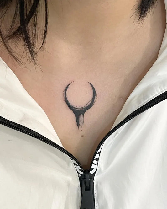 Small Minimalist Crescent Moon Tattoo on Women Neck by @inkby.abby