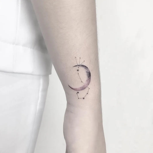 Small Minimalist Crescent Moon and Constellation Tattoo on Women Arm by @jello_t