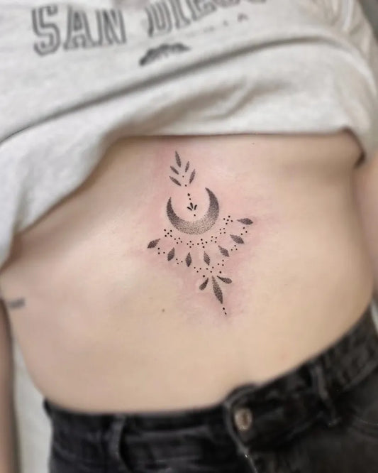 Small Minimalist Crescent Moon and Leaves on Women Side Tattoo by @cynthia_omlin
