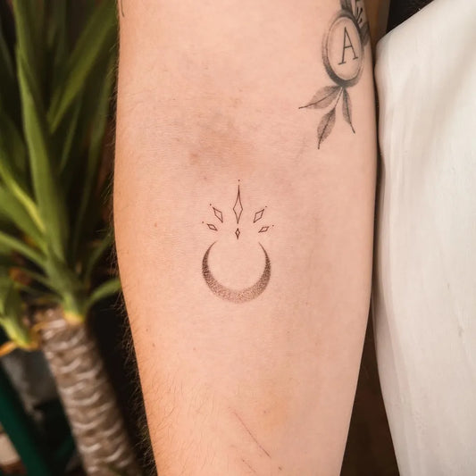 Small Minimalist Crescent Moon and Stars Tattoo on Men Arm by @kaymaylinh