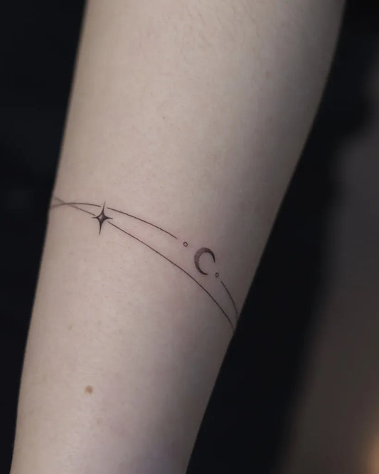 Small Minimalist Crescent Moon and Stars Tattoo on Women Arm by @narot_6.49oz