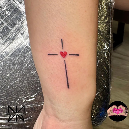 Small Minimalist Cross Heart on Women Wrist Tattoo by @kolorfulkas