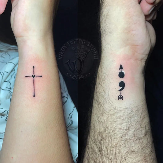 Small Minimalist Cross Semicolon Arrow on Women Men Wrist Tattoo by @wedytattoo_official