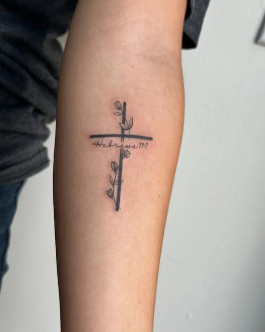 Small Minimalist Cross with Roses on Women Arm Tattoo by @roseinkofficial