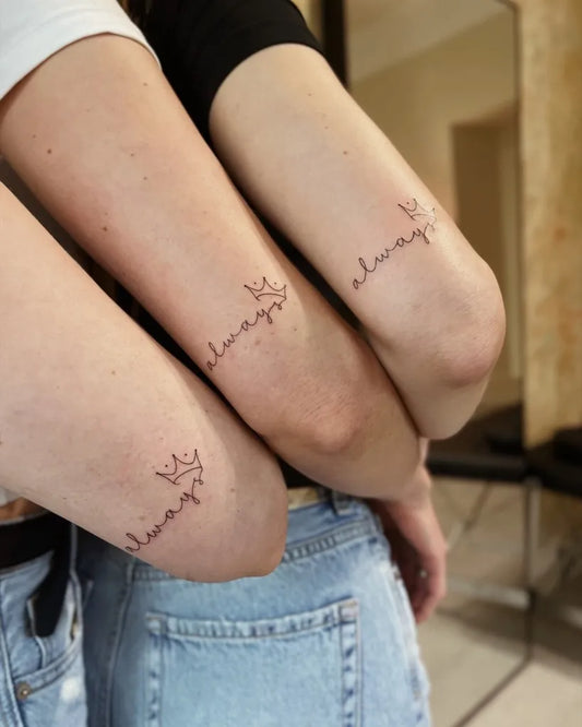 Small Minimalist Crown Always on Friends Elbow Matching Tattoo by @flink.tattoo
