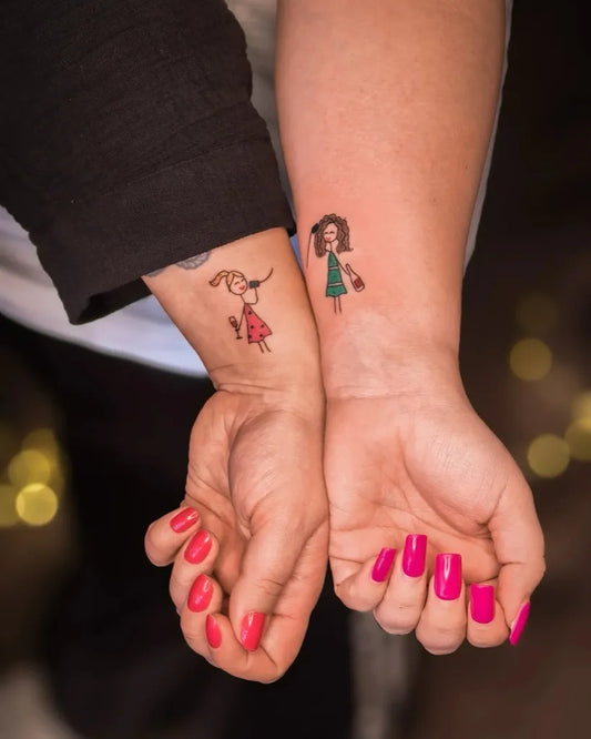 Small Minimalist Dancing Girl and Girl with Purse on Friends Arms Matching Tattoo by @michaltoropa.art