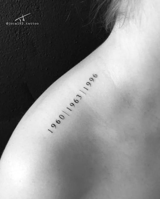 Small Minimalist Dates Tattoo on Women Shoulder by @joca182.tattoo
