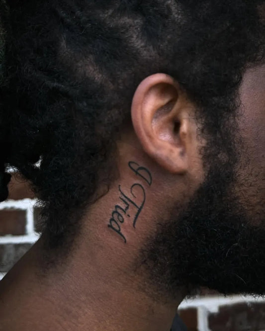 Small Minimalist Devanagari script on Men Neck Tattoo by @inked_buccaneer