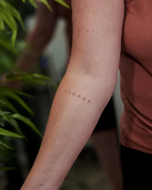 Small Minimalist Dots and Dashes Tattoo on Women Forearm by @bassalo.fineline