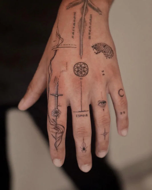 Small Minimalist Eye Sword Mandala on Men Hand Tattoo by @txttoo