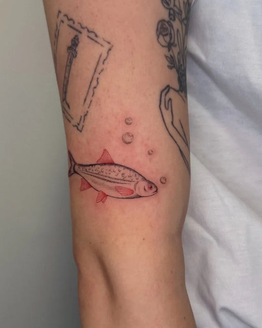 Small Minimalist Fish Tattoo on Women Arm by @gaiahart