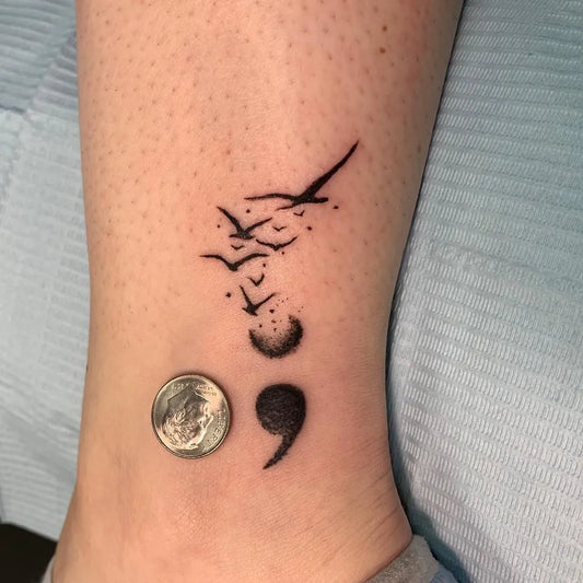 Small Minimalist Flock Semicolon on Women Leg Tattoo by @mootattoophilly